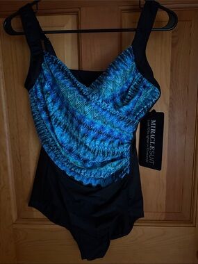 New Miraclesuit Cabana Chic It’s a Wrap Black and Blue One-Piece Swimsuit 16W